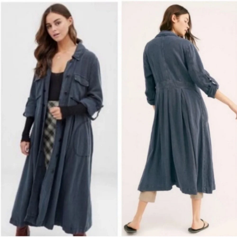 Free People Rainz Linen Blend Longline Maxi Duster Jacket Atlantic Washed Blue - Picture 3 of 12